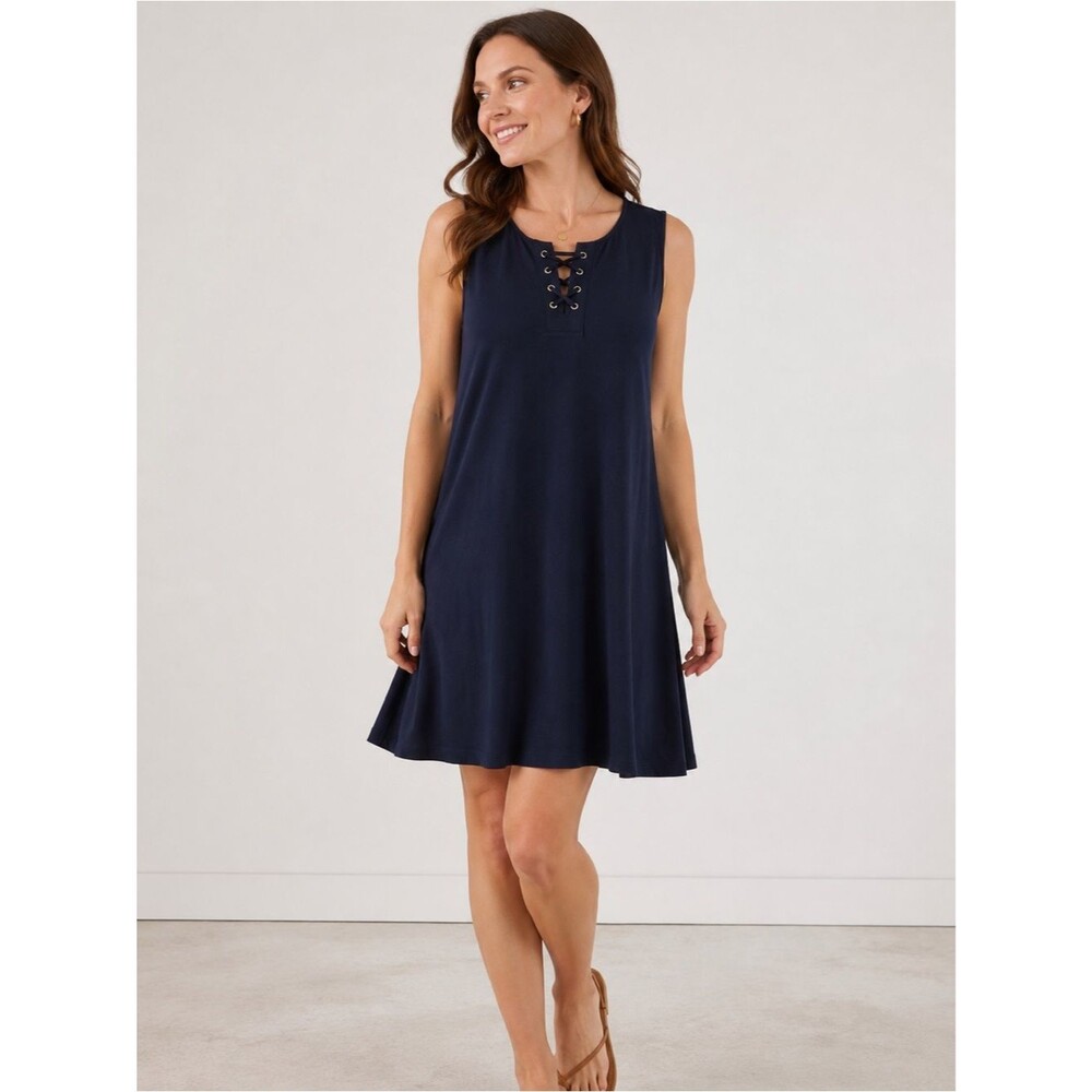 NWT Chico's Navy Lace-Up Front Tank Dress Casual Chic Stretchy Summer
